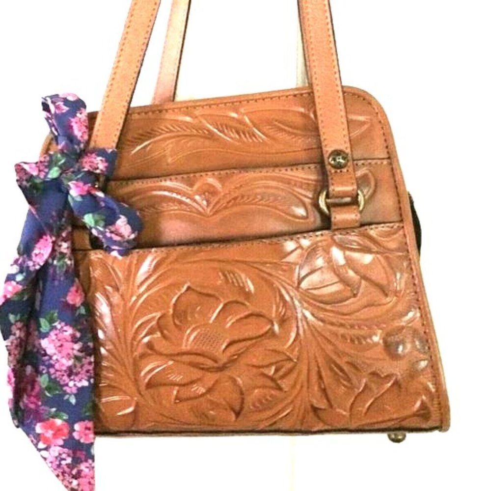Patricia Nash Brown Cognac Carved Leather Handbag NWT w dust bag